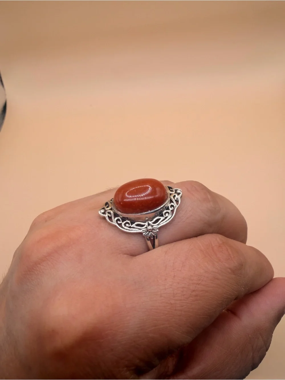 925 Sterling Silver Orange Jade Ring Size 10.5.
